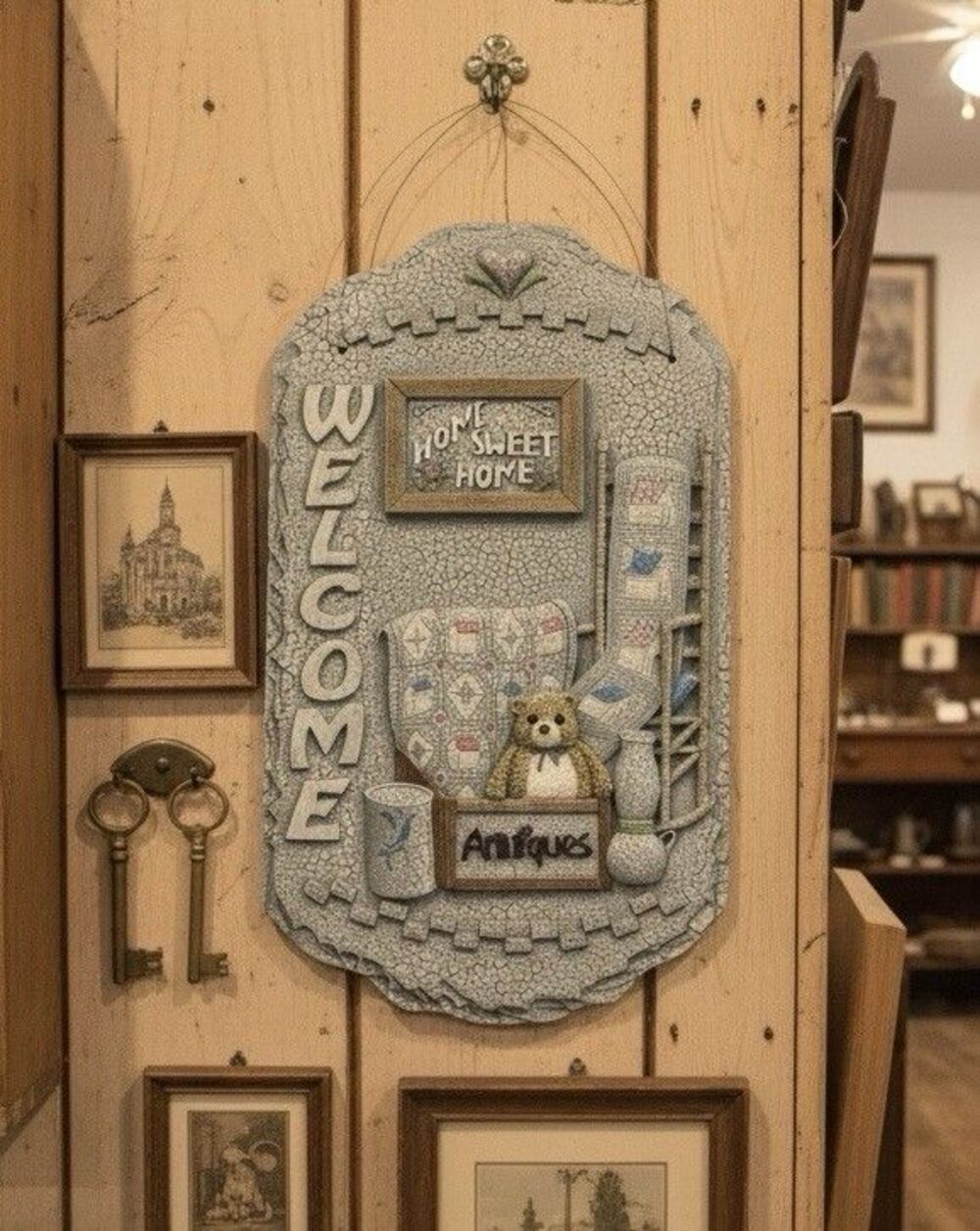 Antiques Welcome Sign The Resin Shop Porch Decor Sweet Home Collector Wall Art